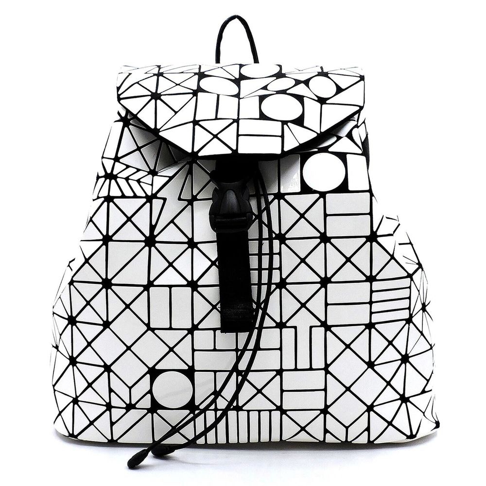 Women's White Fashion Geometric Checker Drawstring Backpack